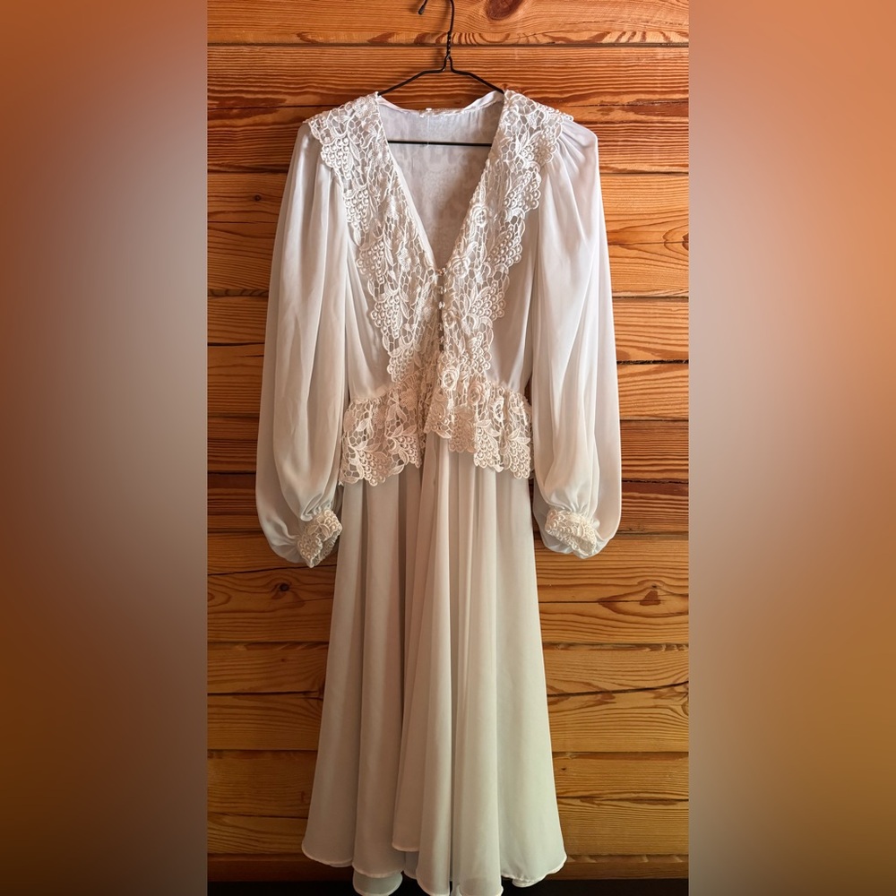 Vintage Felix Arbeo White Chiffon Lace Dress Romantic Long Sleeve 70s Small